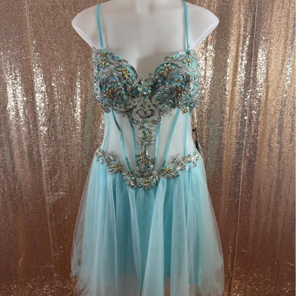 NWT Poly USA Light Blue Beaded Corset Tulle Mini Homecoming Dress/Size L-XL